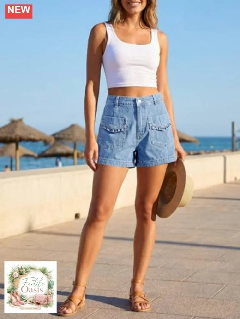 High Waisted Baggy Wide Leg Jean Shorts with Ruffle Pockets, Lightweight
